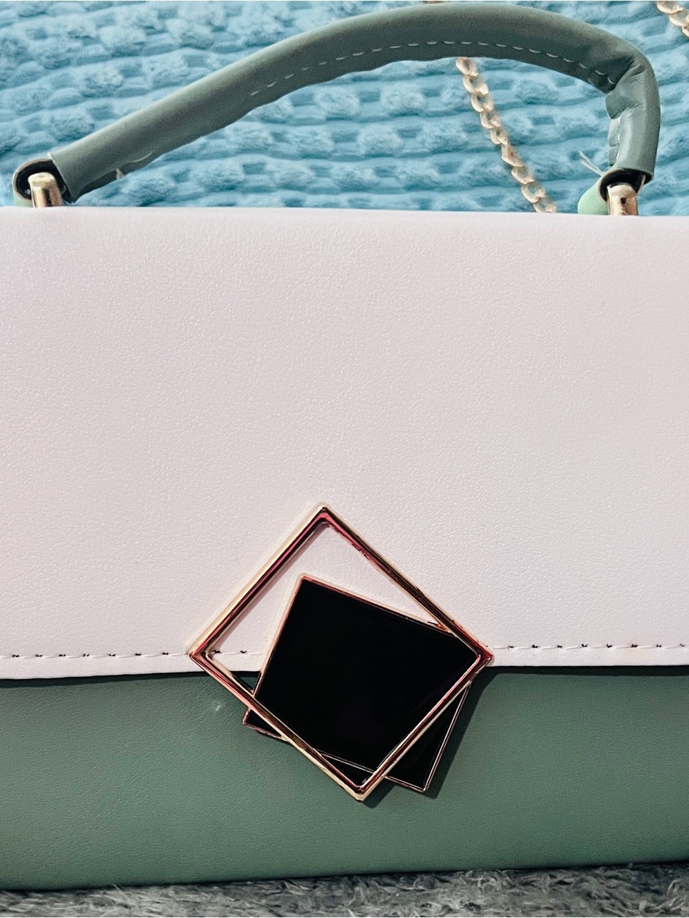 Two-Tone White and Sage Green Top-Handle Satchel with Geometric Accent
